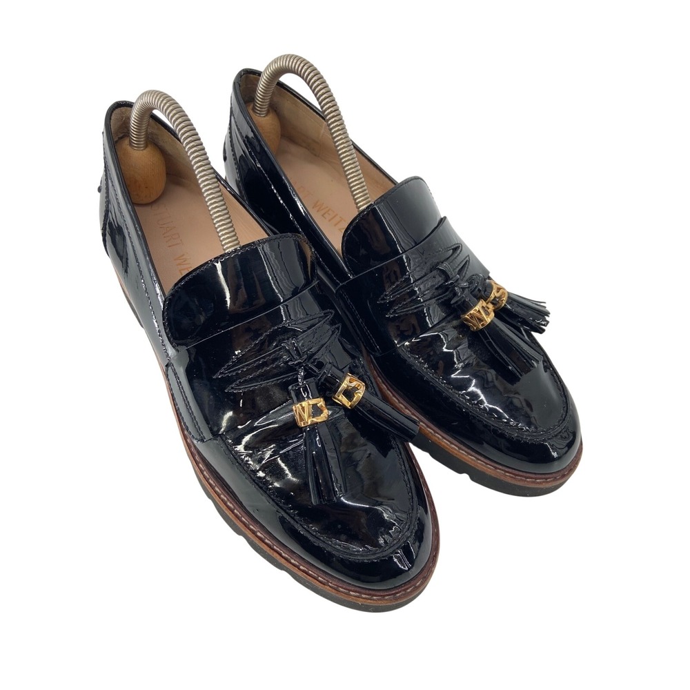 Stuart Weitzman Loafers Womens 10.5 Black Manila Tassel Oxford Patent Leather